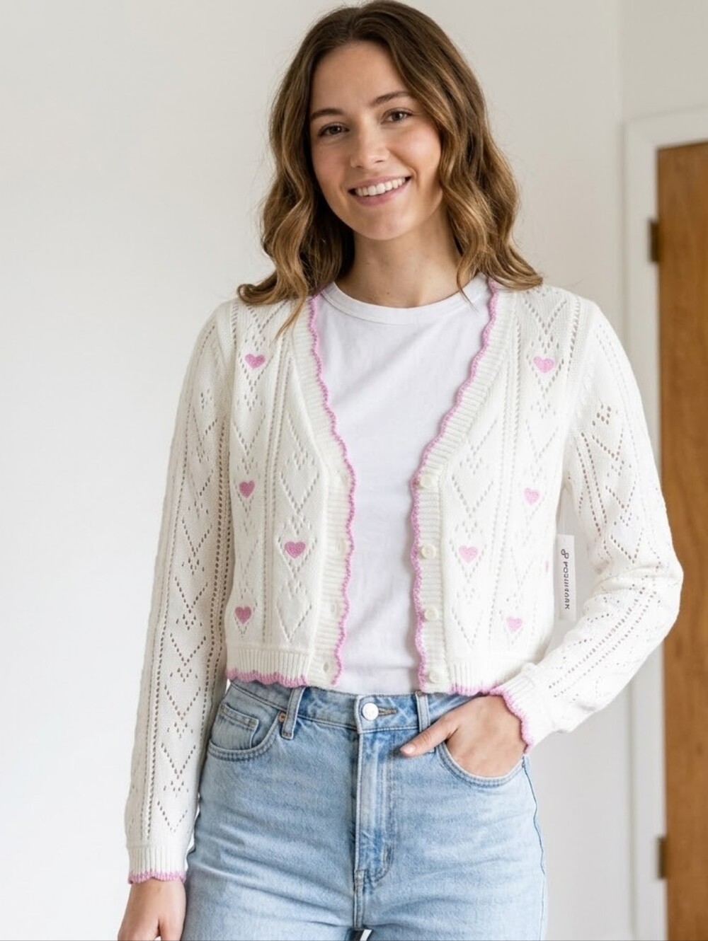 Derek Heart White Pink Heart Pointelle Knit Cropped Cardigan Sweater XL NWT